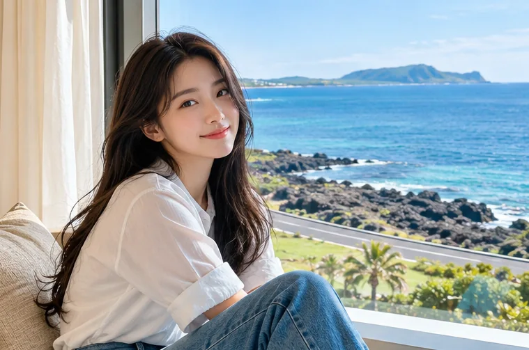 제주 바다 전망 숙소에서 쉬는 모습을 담은 이미지